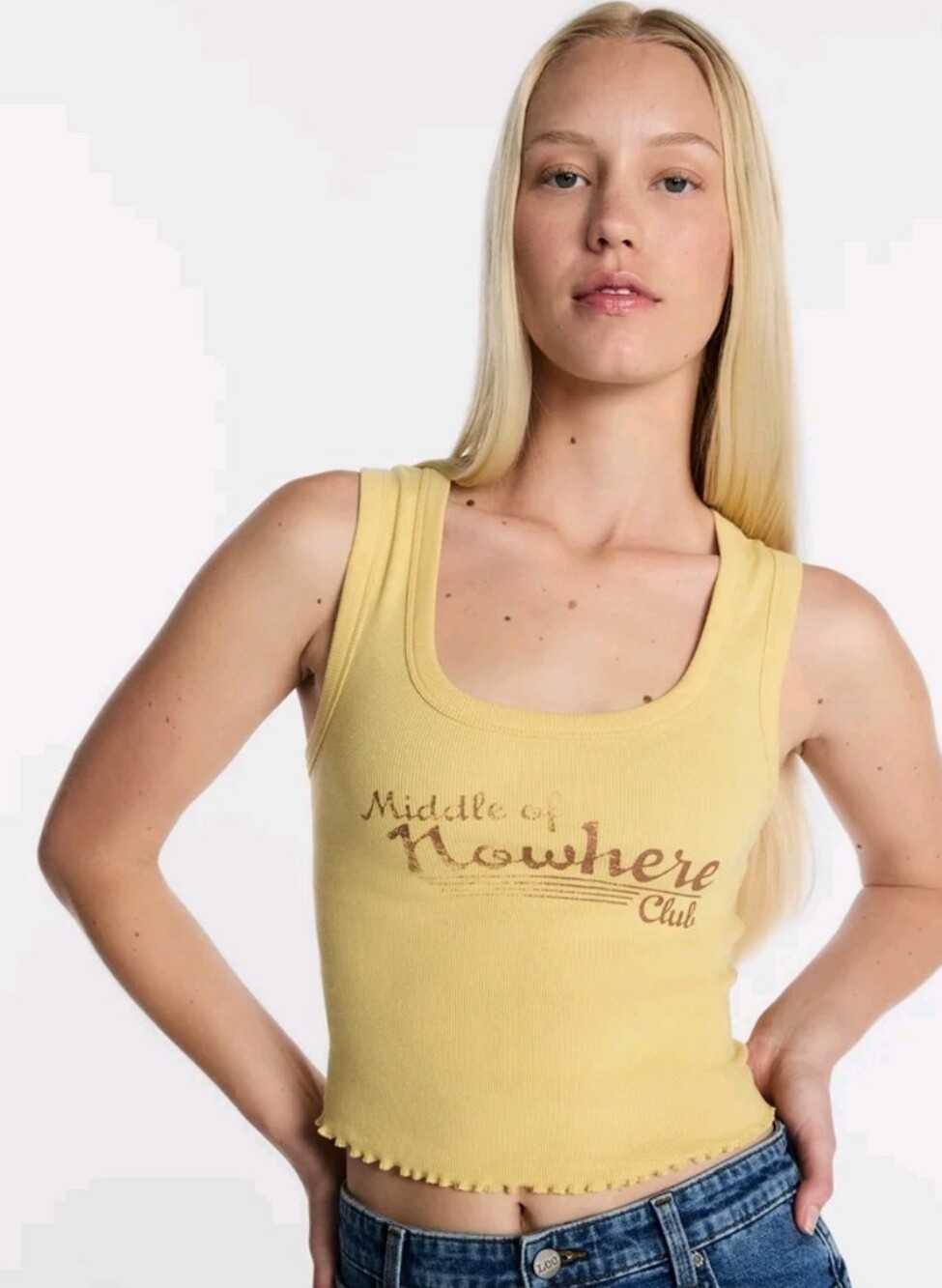 Yellow Scoop Neck Tank Top with Middle Of Nowhere Graphic Print